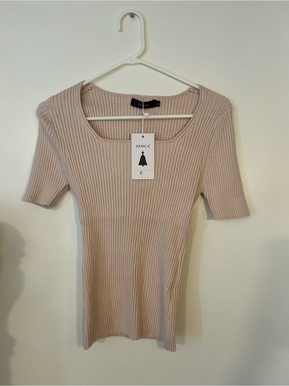 Zesica Scoop Neck Ribbed Short Sleeve Top - Light Beige - Picture 1 of 3
